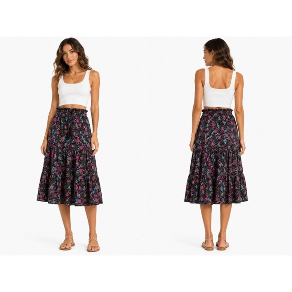 Anthropologie x Sabina Musayev Black Floral Tiered Midi Skirt Dark Romantic